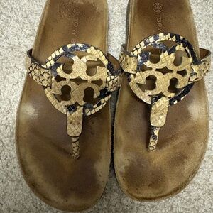 Tory Burch Tan and Black Logo Thong Sandals